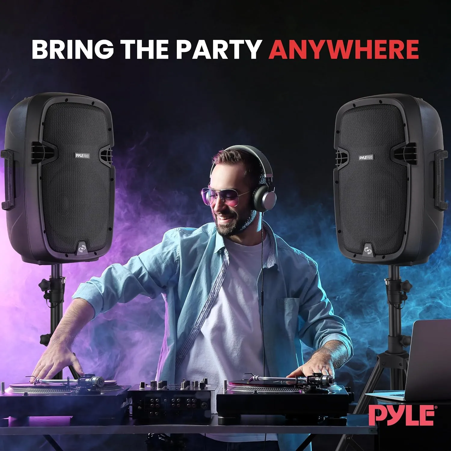 Pyle Wireless Portable PA system - 1000W High Powered Bluetooth Compatible Active   Passive Pair Outdoor Sound Speakers w/ USB SD MP3 AUX - 35mm Mount, 2 Stand, Microphone, Remote - Pyle PPHP1049KT
