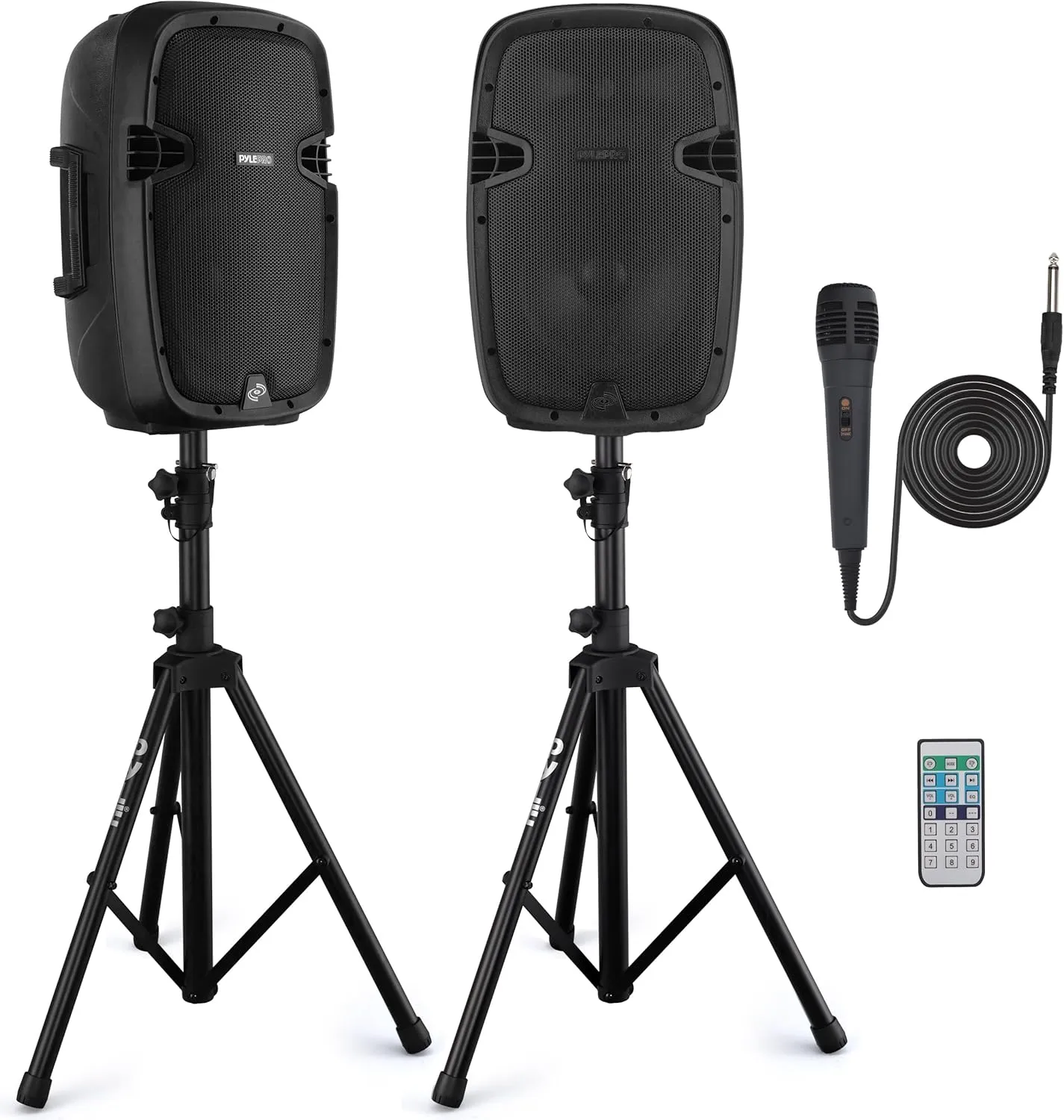 Pyle Wireless Portable PA system - 1000W High Powered Bluetooth Compatible Active   Passive Pair Outdoor Sound Speakers w/ USB SD MP3 AUX - 35mm Mount, 2 Stand, Microphone, Remote - Pyle PPHP1049KT