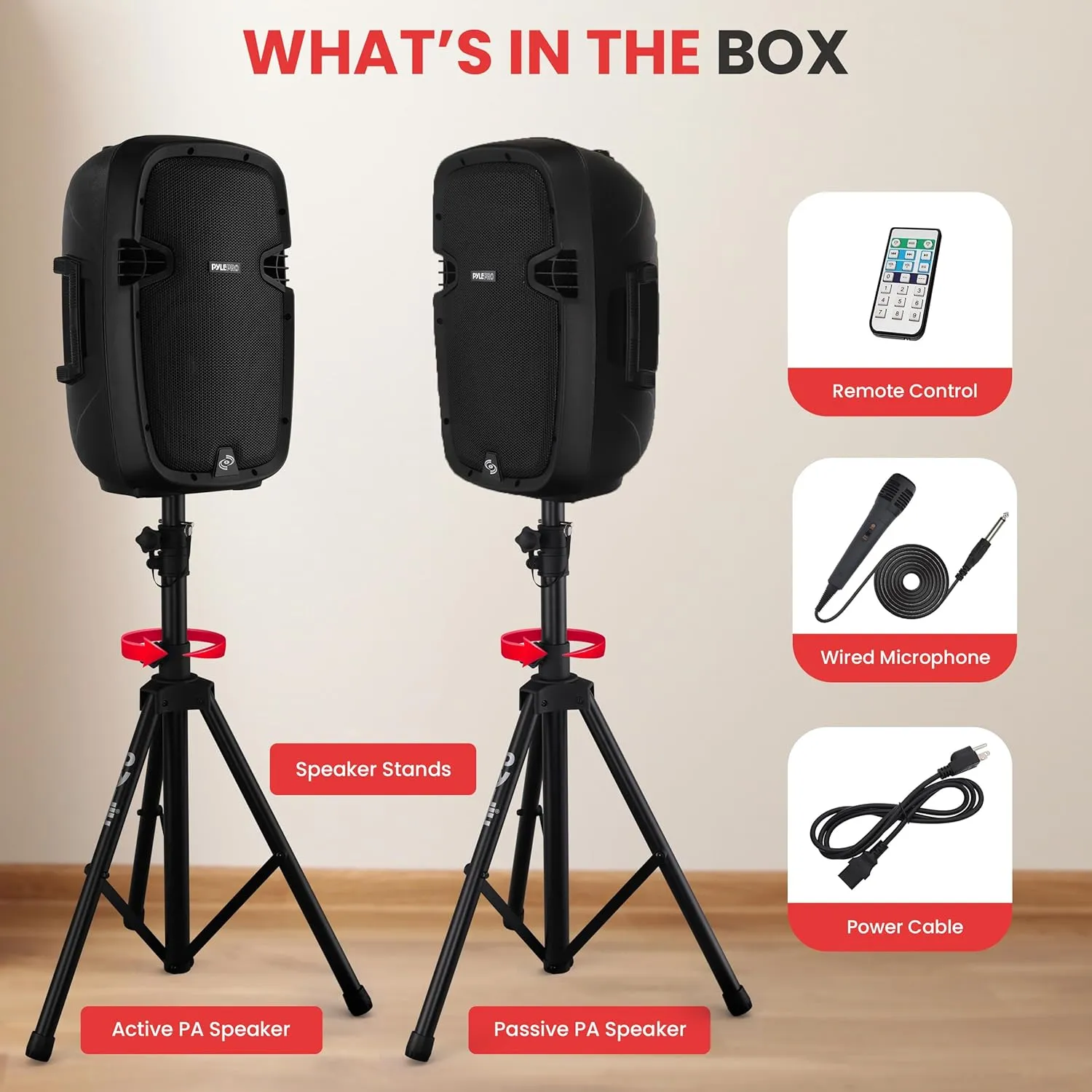 Pyle Wireless Portable PA system - 1000W High Powered Bluetooth Compatible Active   Passive Pair Outdoor Sound Speakers w/ USB SD MP3 AUX - 35mm Mount, 2 Stand, Microphone, Remote - Pyle PPHP1049KT