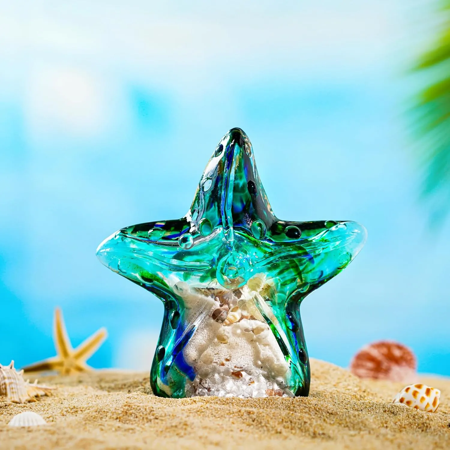 QFkris 7'' Hand-Blown Glass Starfish Figurine with Sand Shell Inside,Art Glass Sea Animal Paperweight Collectibles,Home Decor