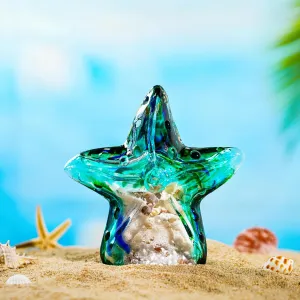 QFkris 7'' Hand-Blown Glass Starfish Figurine with Sand Shell Inside,Art Glass Sea Animal Paperweight Collectibles,Home Decor