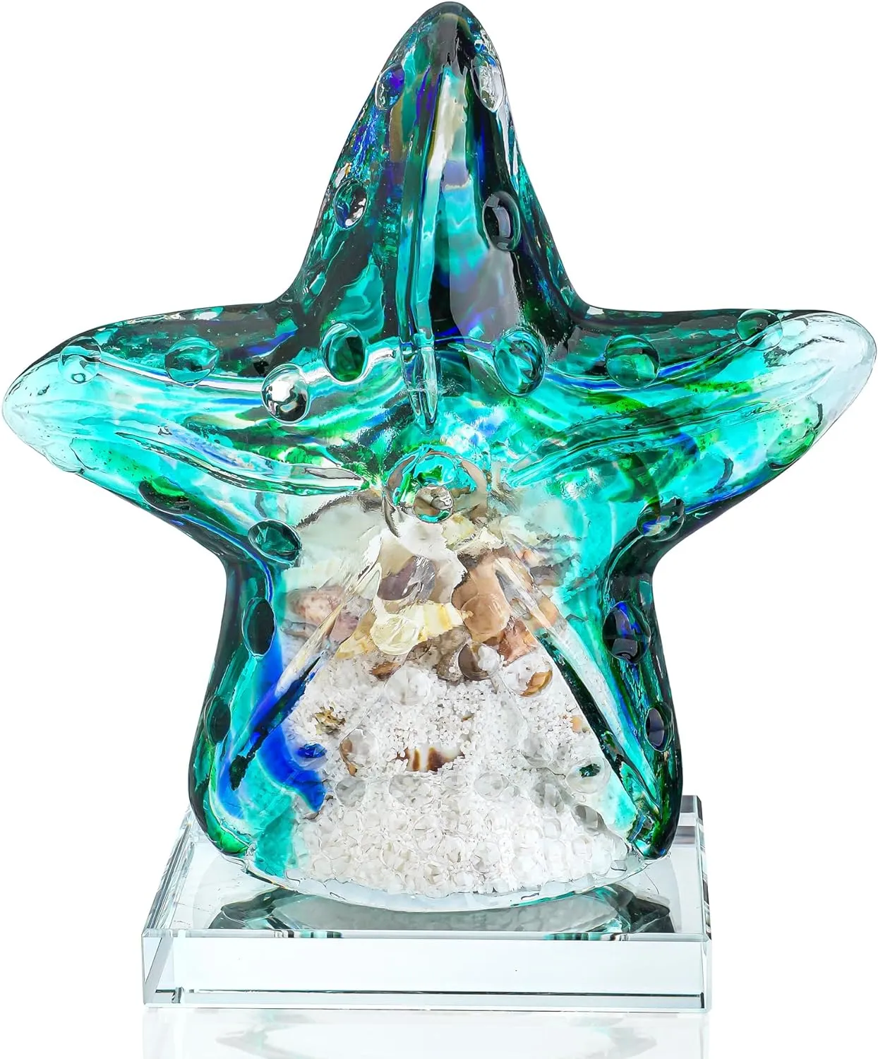 QFkris 7'' Hand-Blown Glass Starfish Figurine with Sand Shell Inside,Art Glass Sea Animal Paperweight Collectibles,Home Decor