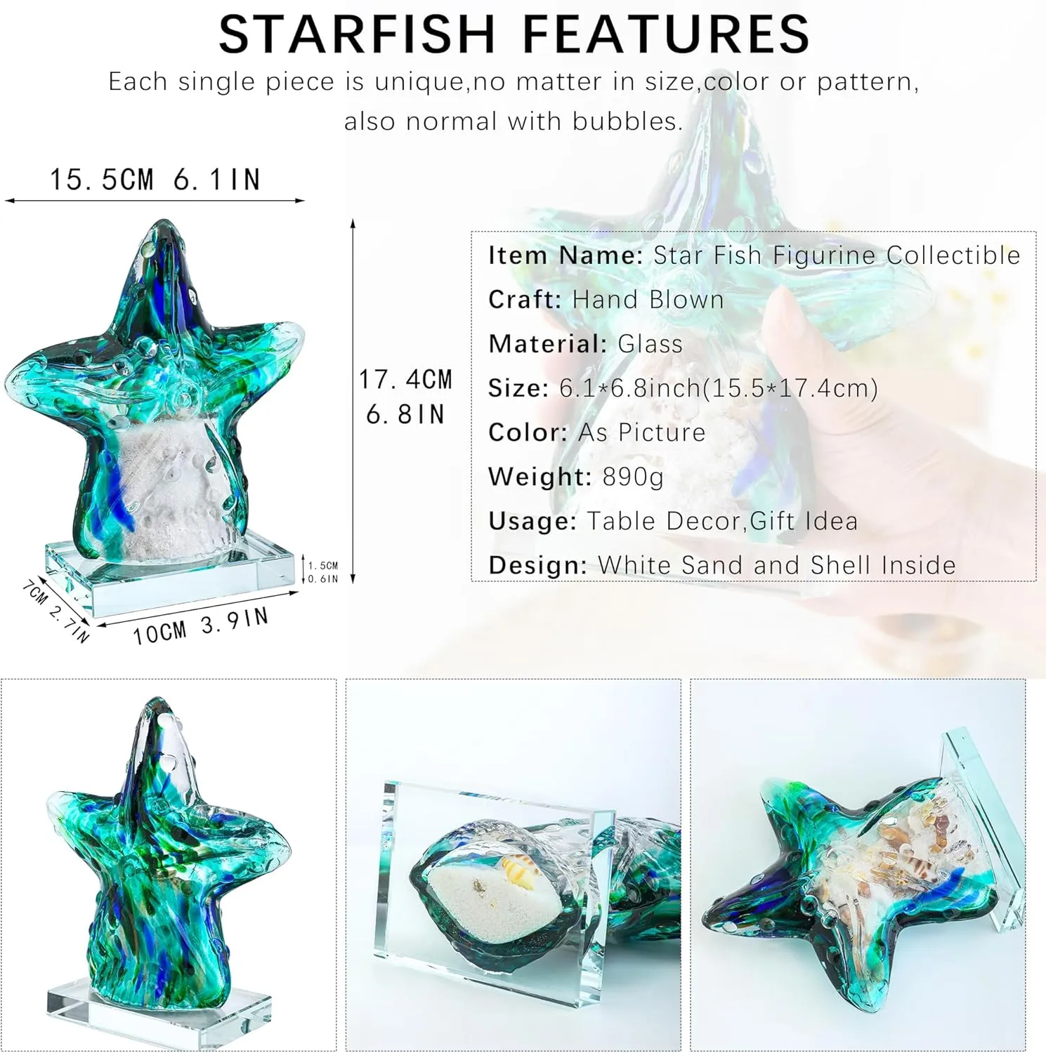 QFkris 7'' Hand-Blown Glass Starfish Figurine with Sand Shell Inside,Art Glass Sea Animal Paperweight Collectibles,Home Decor