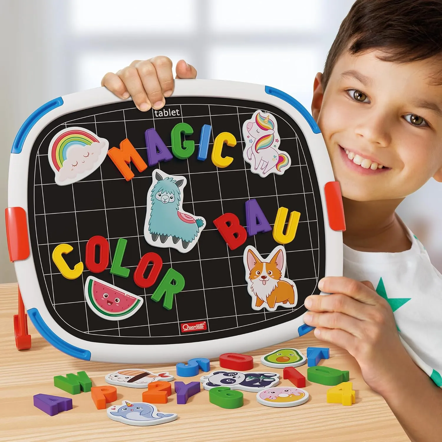 Quercetti: Magnetic Tablet - Double-Sided Magnet-White Board, Letters-Animals-Food Themed Magnets, Spelling Learning Tool, Educational Toy, Kids 4 