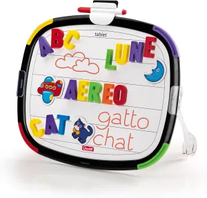 Quercetti: Magnetic Tablet - Double-Sided Magnet-White Board, Letters-Animals-Food Themed Magnets, Spelling Learning Tool, Educational Toy, Kids 4 