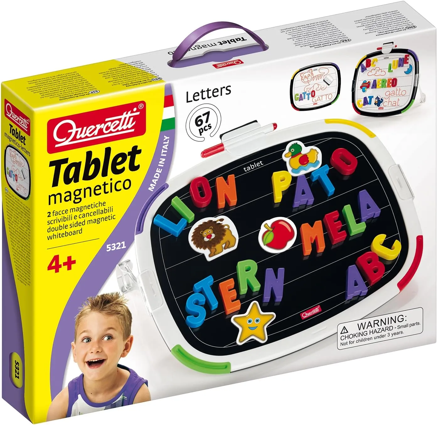 Quercetti: Magnetic Tablet - Double-Sided Magnet-White Board, Letters-Animals-Food Themed Magnets, Spelling Learning Tool, Educational Toy, Kids 4 
