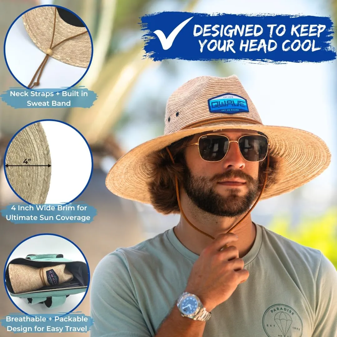 Qwave Packable Stone-Washed Straw Lifeguard Hat for Men and Women - Beach Straw Hat Protects from Summer Sun