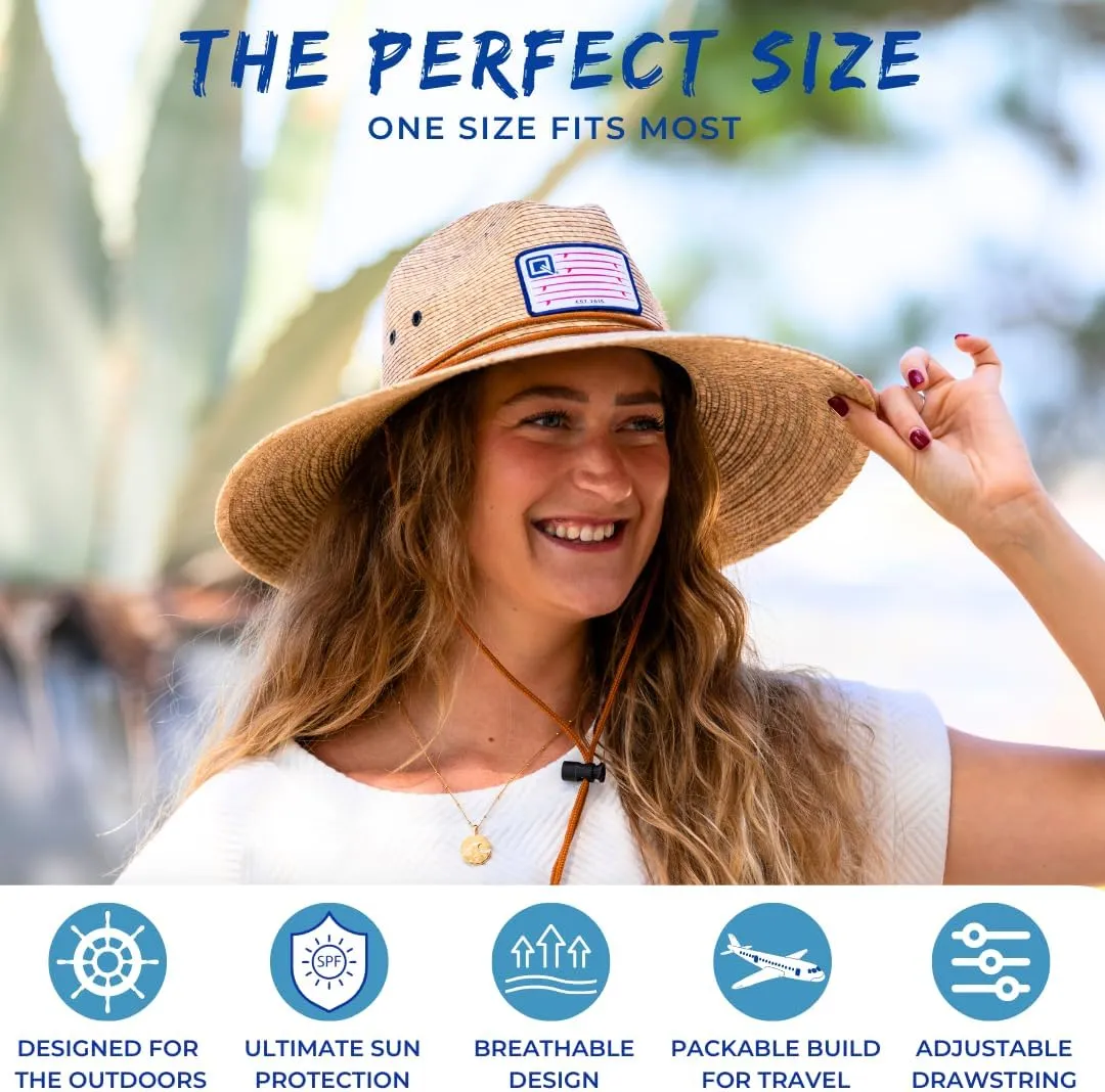 Qwave Packable Stone-Washed Straw Lifeguard Hat for Men and Women - Beach Straw Hat Protects from Summer Sun