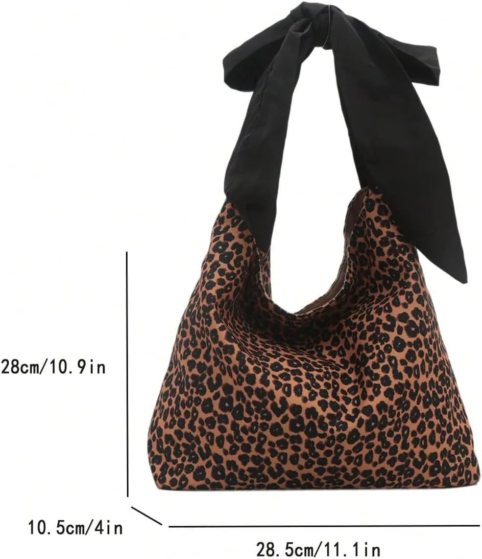 QWINEE Women's Y2K Leopard Print Tote Handbag Casual Cheetah Print Canvas Shoulder Bag Bow Underarm Bag