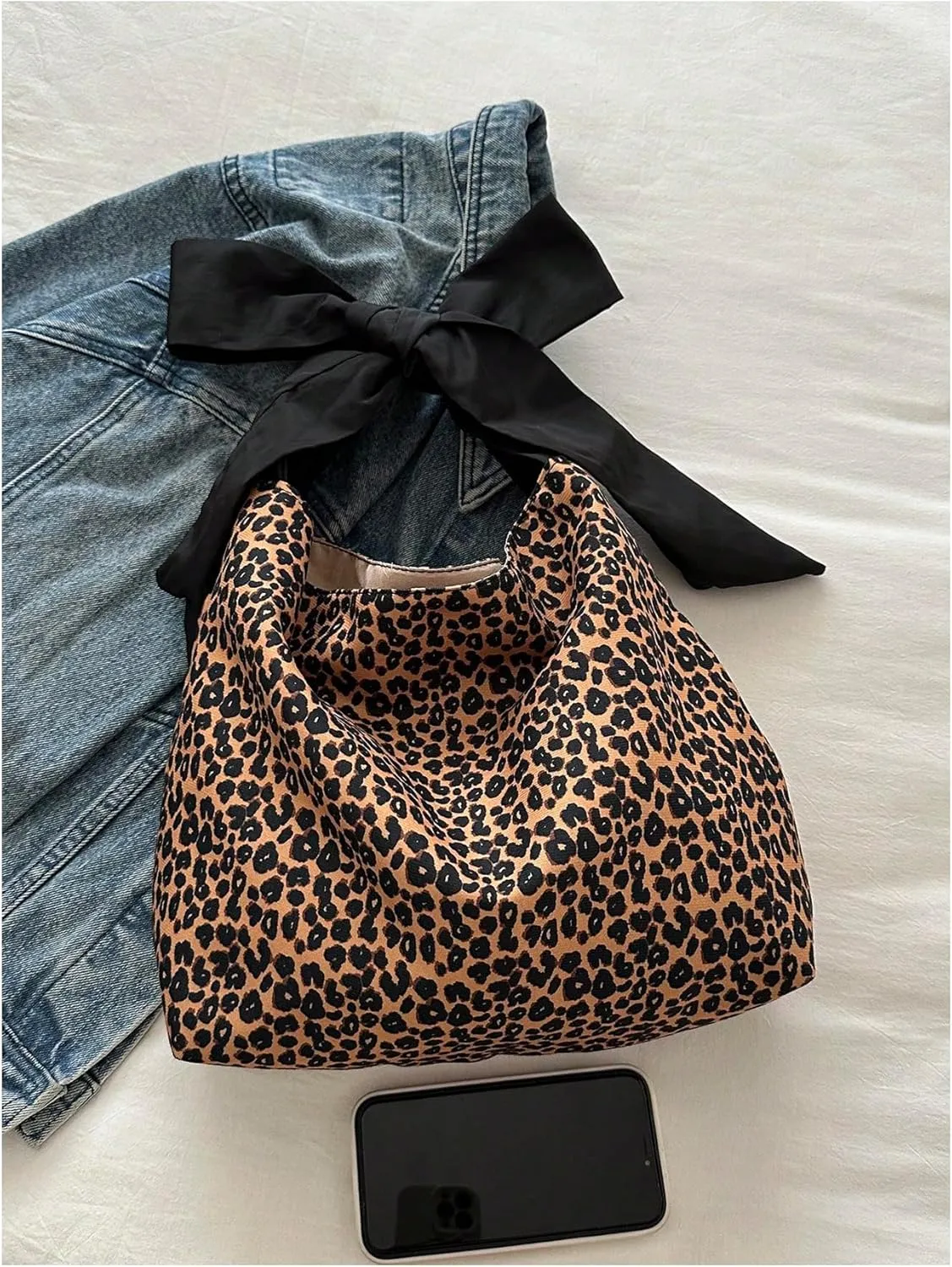 QWINEE Women's Y2K Leopard Print Tote Handbag Casual Cheetah Print Canvas Shoulder Bag Bow Underarm Bag