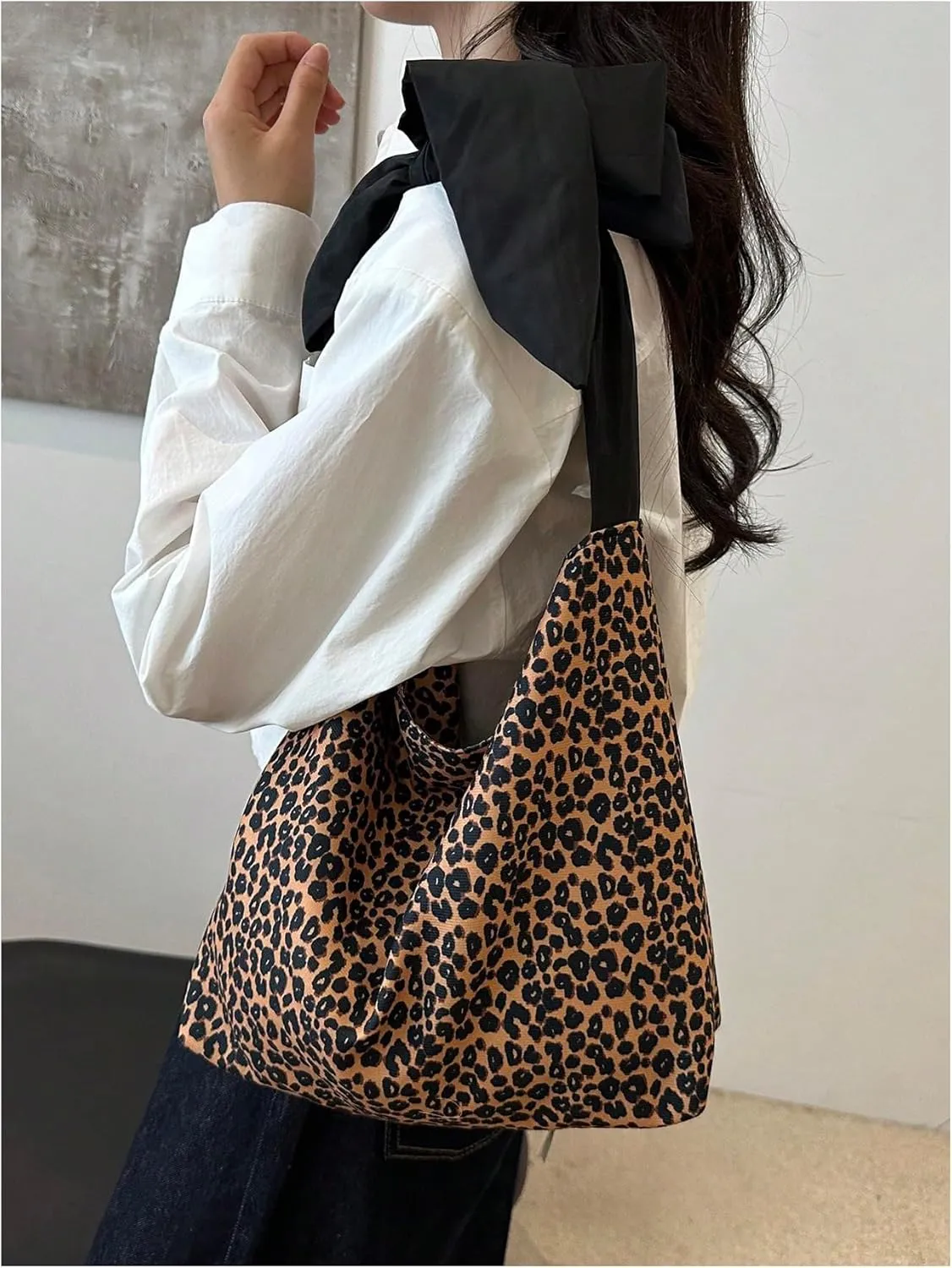QWINEE Women's Y2K Leopard Print Tote Handbag Casual Cheetah Print Canvas Shoulder Bag Bow Underarm Bag