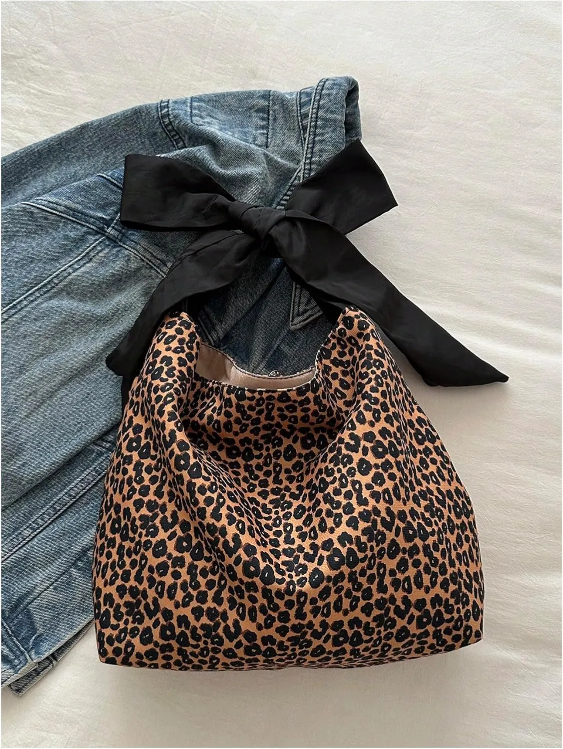 QWINEE Women's Y2K Leopard Print Tote Handbag Casual Cheetah Print Canvas Shoulder Bag Bow Underarm Bag