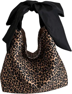QWINEE Women's Y2K Leopard Print Tote Handbag Casual Cheetah Print Canvas Shoulder Bag Bow Underarm Bag