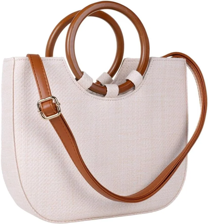 QZUnique Hand-woven Straw Bag Women Summer Beach Handbag Purse Retro Rattan Tote Clutch Travel Bag with Wood Round Top Handle