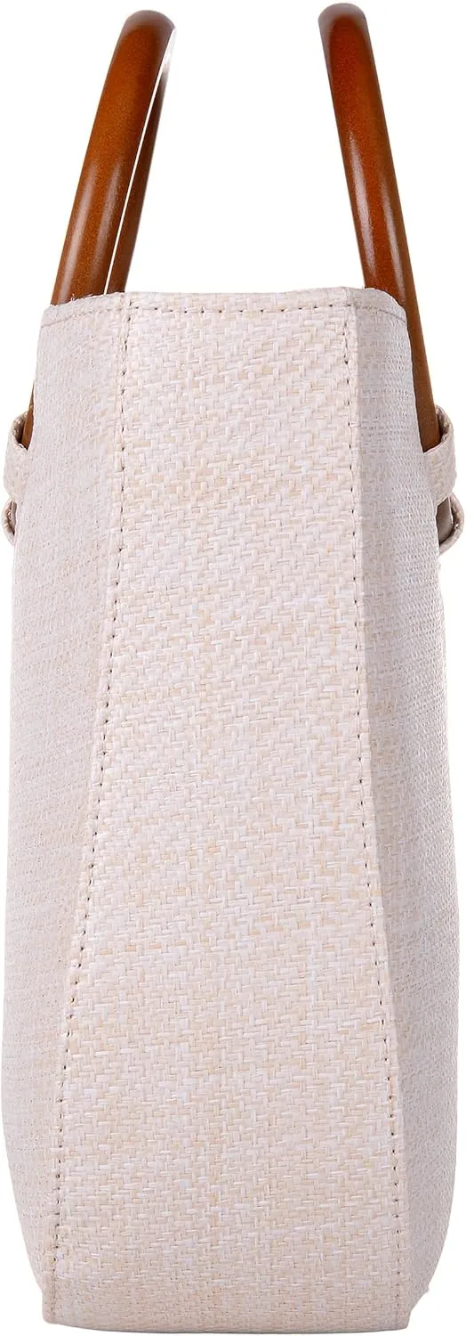 QZUnique Hand-woven Straw Bag Women Summer Beach Handbag Purse Retro Rattan Tote Clutch Travel Bag with Wood Round Top Handle