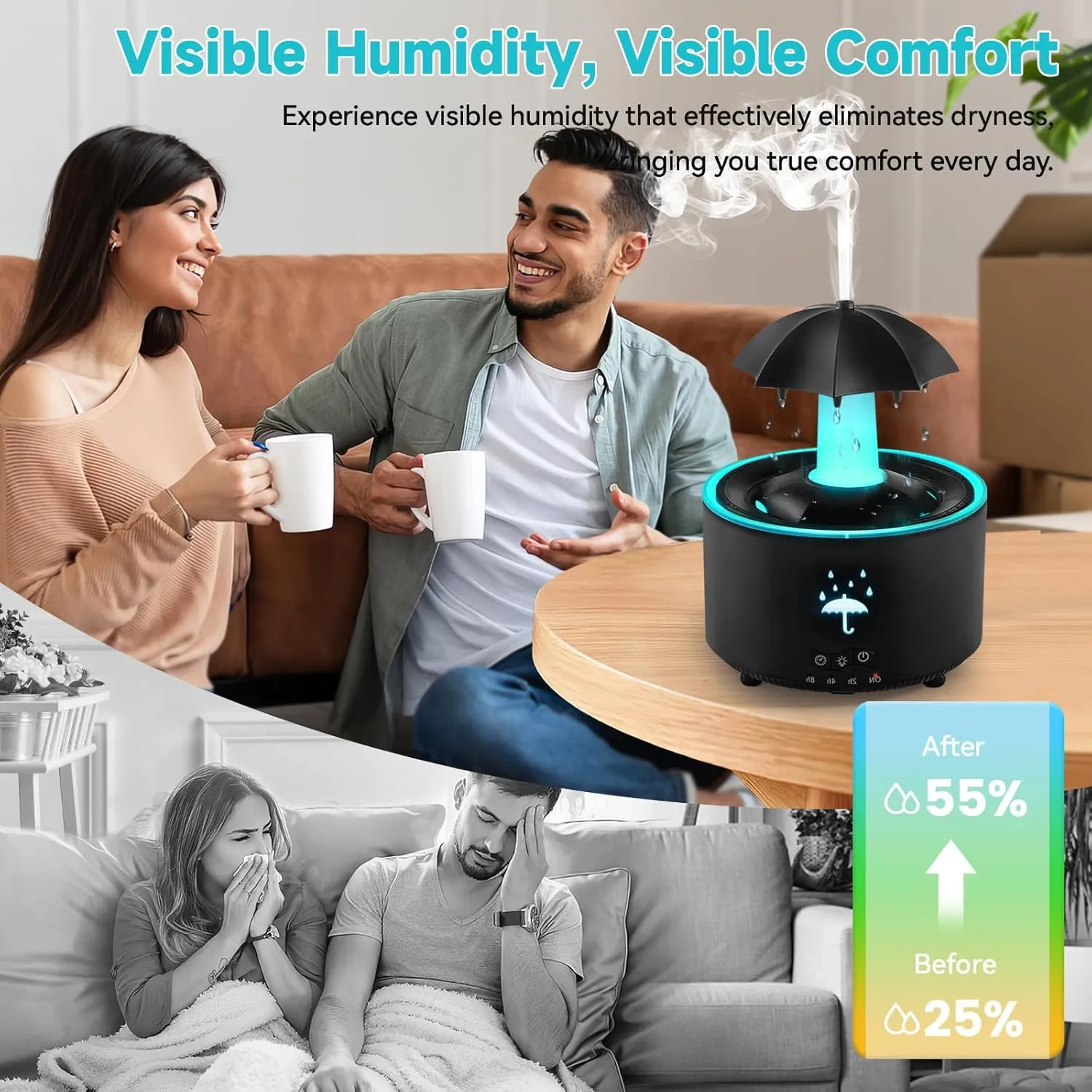 Rain Cloud Humidifier, 300ML Humidifier with Essential Oil Diffuser Water Drip Diffuser with Remote & Timer, 7-Color Rotating Umbrella Air Diffuser for Bedroom Home Office Gift (Black)