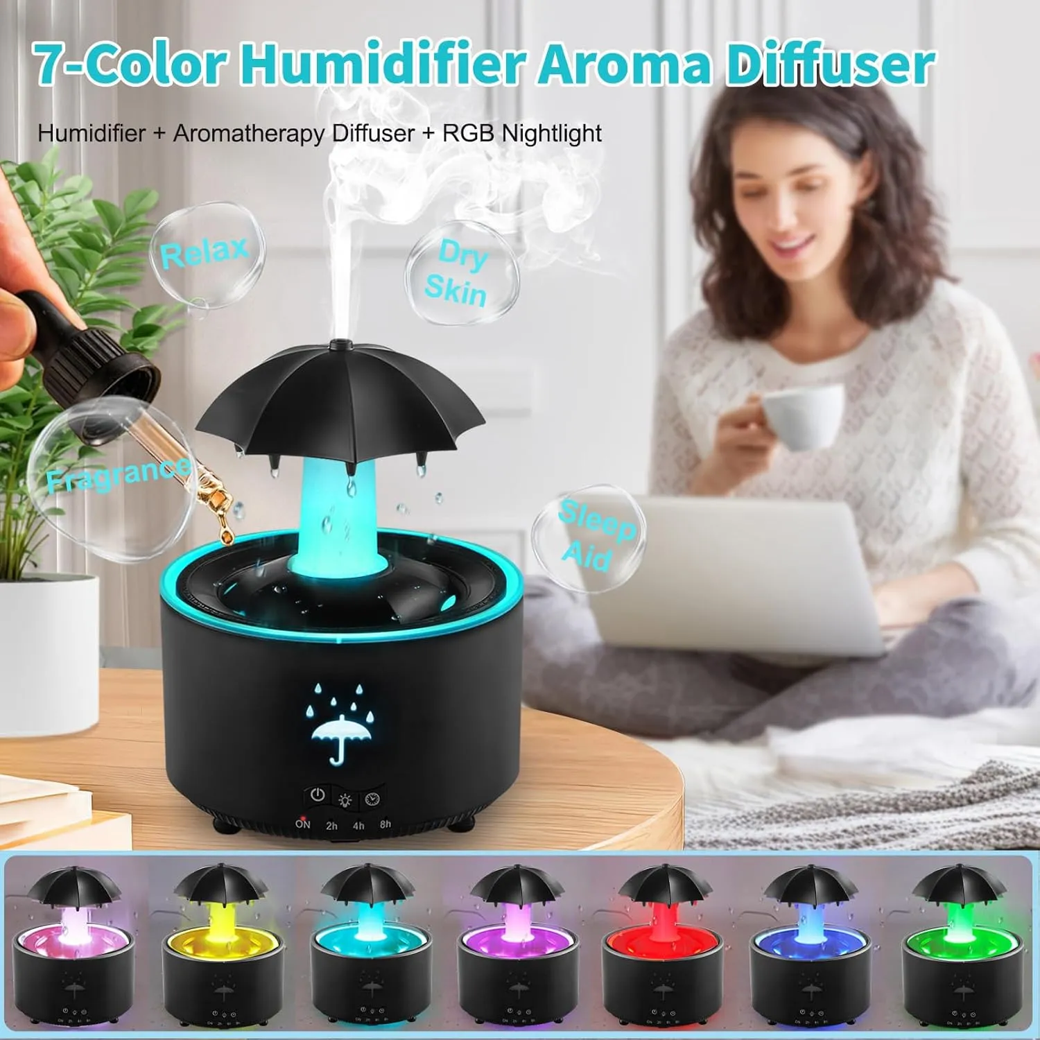 Rain Cloud Humidifier, 300ML Humidifier with Essential Oil Diffuser Water Drip Diffuser with Remote & Timer, 7-Color Rotating Umbrella Air Diffuser for Bedroom Home Office Gift (Black)