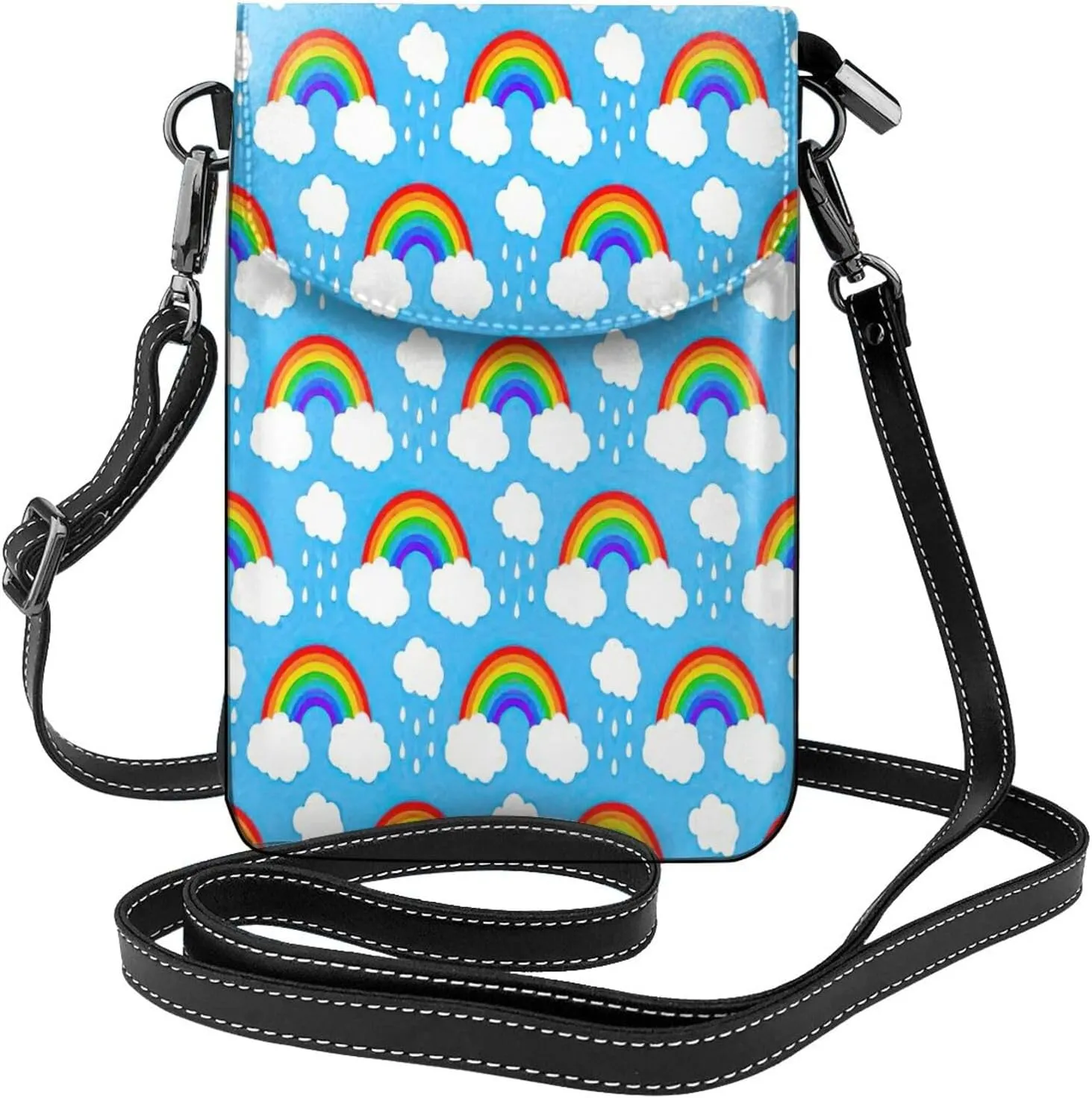 Rainbow Clouds Raindrop Print crossbody cell phone purse for women,trendy mini handbag with credit card slots
