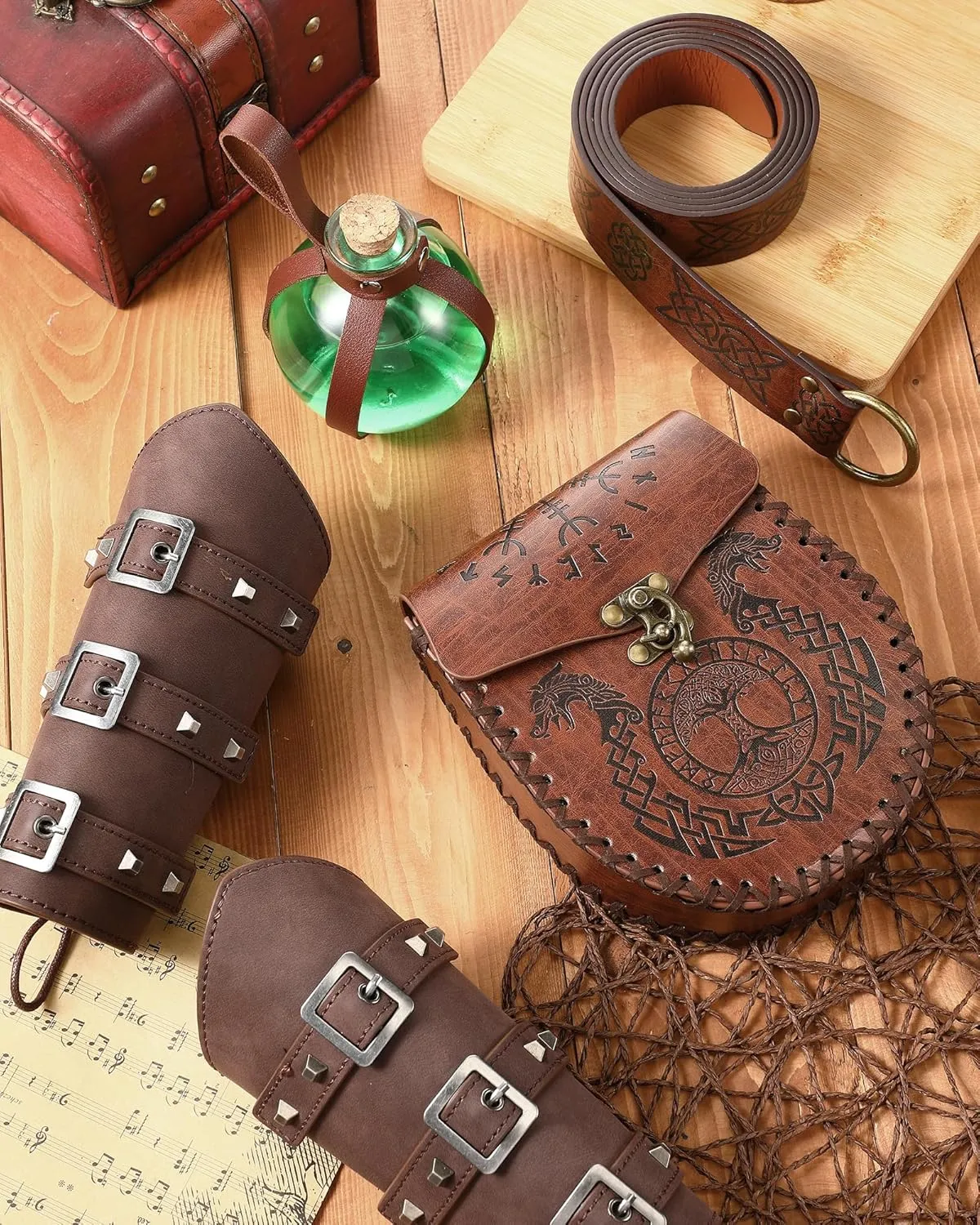 Ramede 5 Pcs Halloween Renaissance Accessories Medieval Viking Belt Embossed Belt Bag Buckle Arm Bracers Potion Bottle