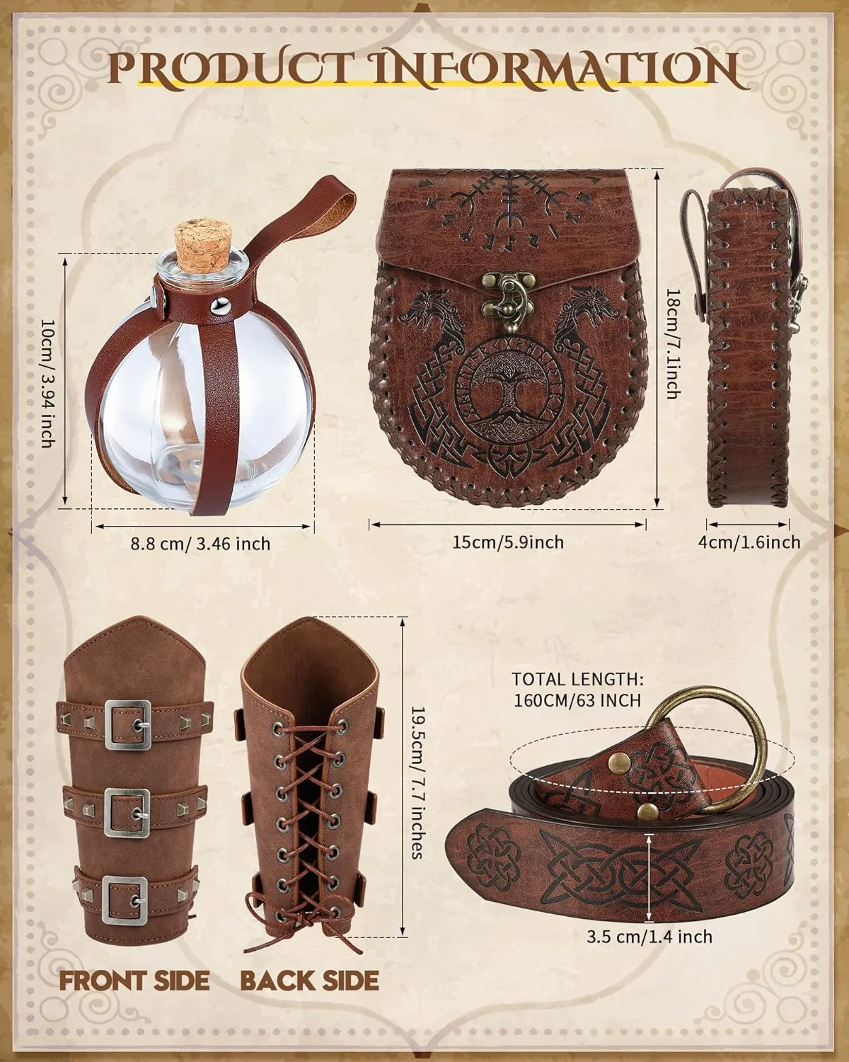 Ramede 5 Pcs Halloween Renaissance Accessories Medieval Viking Belt Embossed Belt Bag Buckle Arm Bracers Potion Bottle