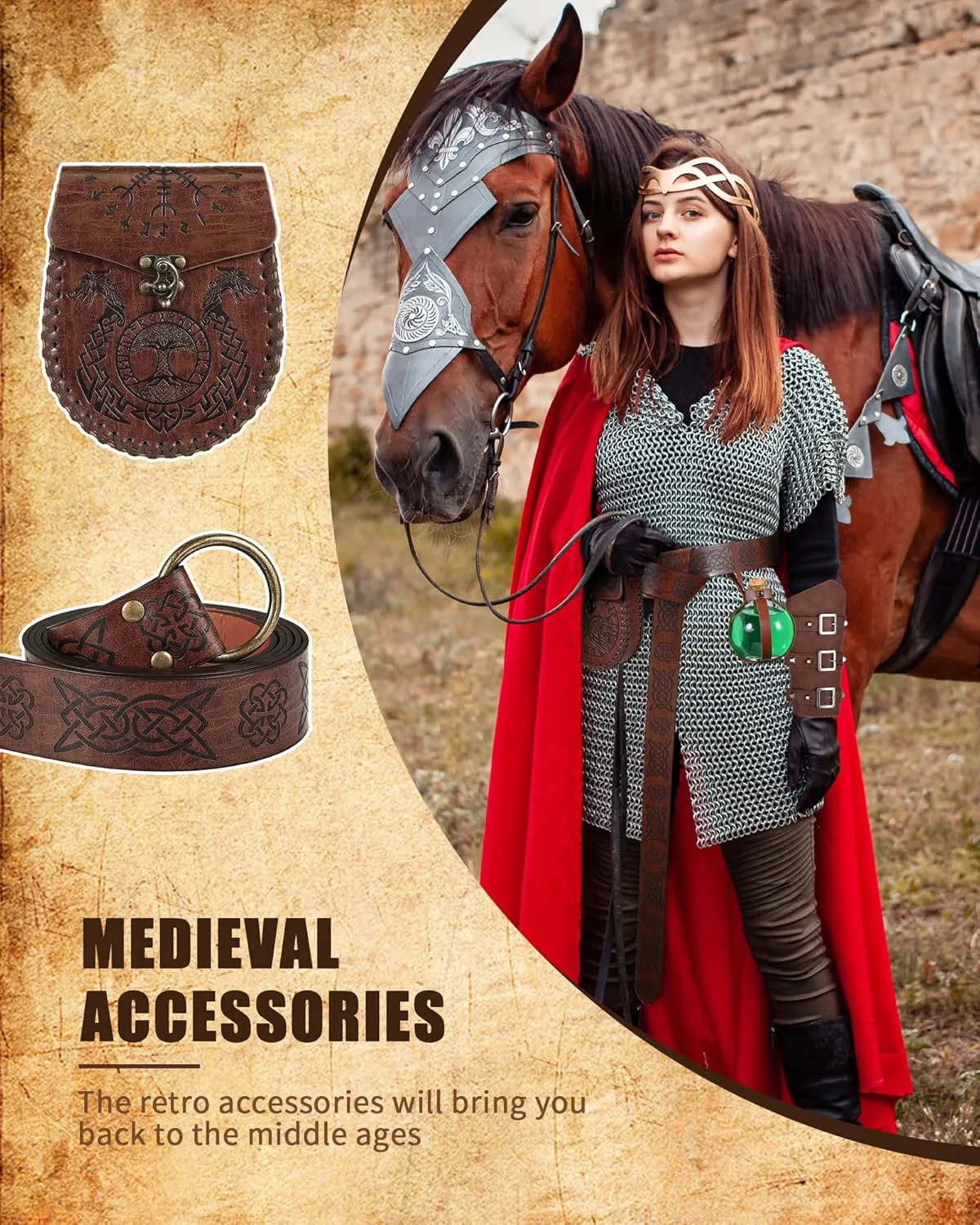 Ramede 5 Pcs Halloween Renaissance Accessories Medieval Viking Belt Embossed Belt Bag Buckle Arm Bracers Potion Bottle