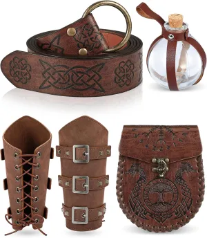 Ramede 5 Pcs Halloween Renaissance Accessories Medieval Viking Belt Embossed Belt Bag Buckle Arm Bracers Potion Bottle