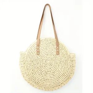 realaiot  Round Straw Beach Bag, Bohemian Travel Shoulder Bag, Women's Woven Handbags For Travel Holiday