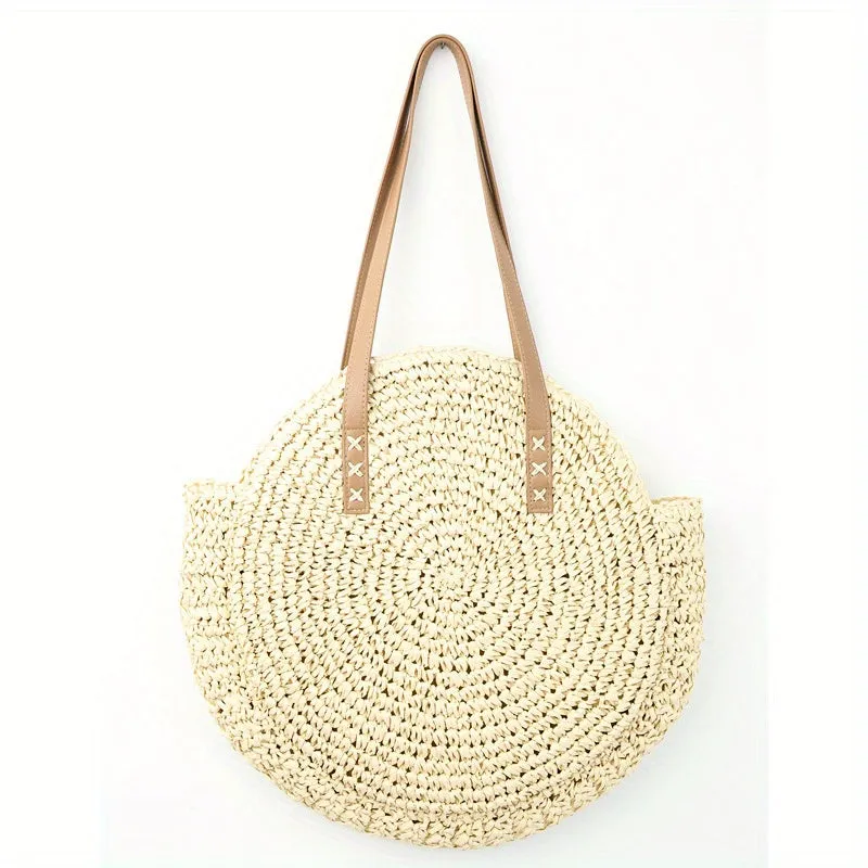 realaiot  Round Straw Beach Bag, Bohemian Travel Shoulder Bag, Women's Woven Handbags For Travel Holiday