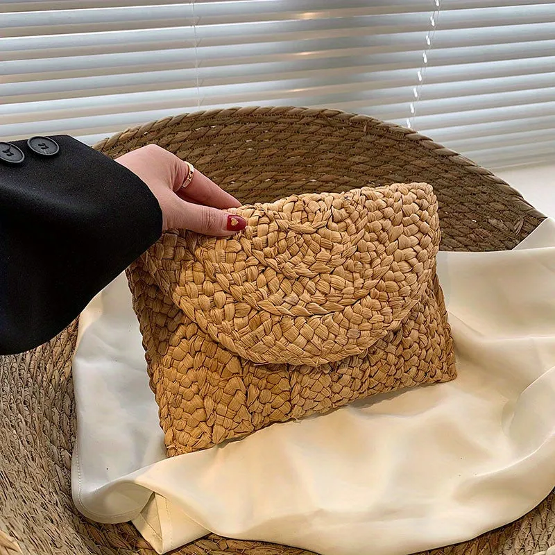 realaiot  Straw Woven Beach Bag, Boho Style Clutch Purse, Summer Vacation Handbags For Women