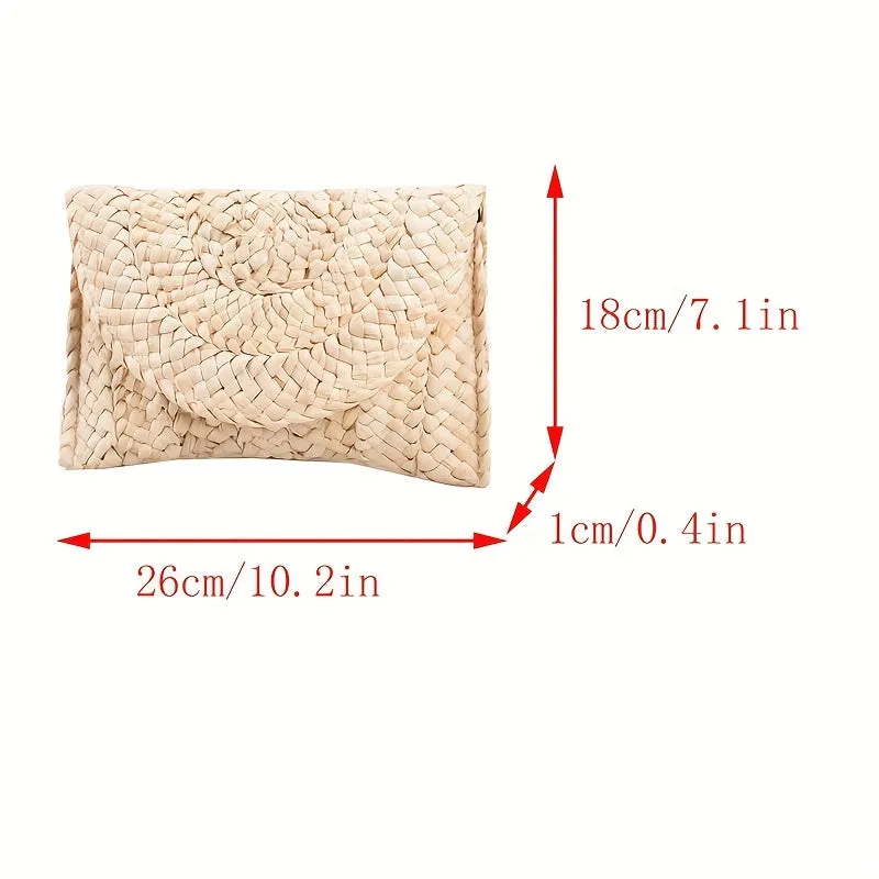 realaiot  Straw Woven Beach Bag, Boho Style Clutch Purse, Summer Vacation Handbags For Women