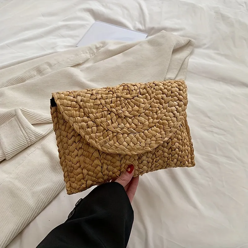 realaiot  Straw Woven Beach Bag, Boho Style Clutch Purse, Summer Vacation Handbags For Women