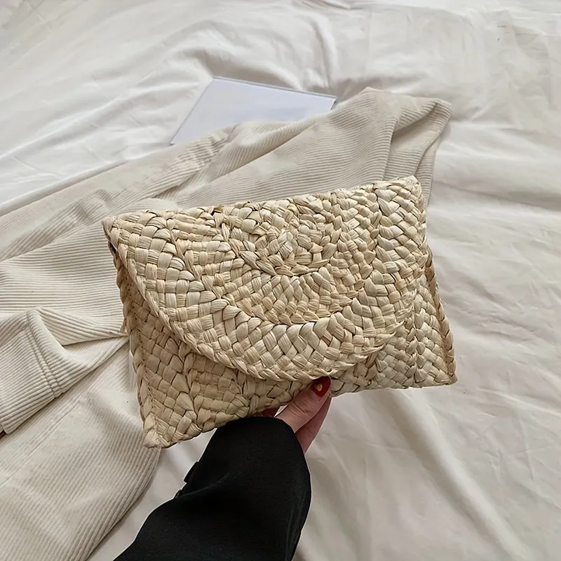 realaiot  Straw Woven Beach Bag, Boho Style Clutch Purse, Summer Vacation Handbags For Women