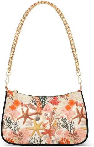 Red Coral Reef Starfish Seashell Tote Bag Shoulder Bag Hobo Handbag for Women Ladies Mini Clutch Purse with Zipper Closure