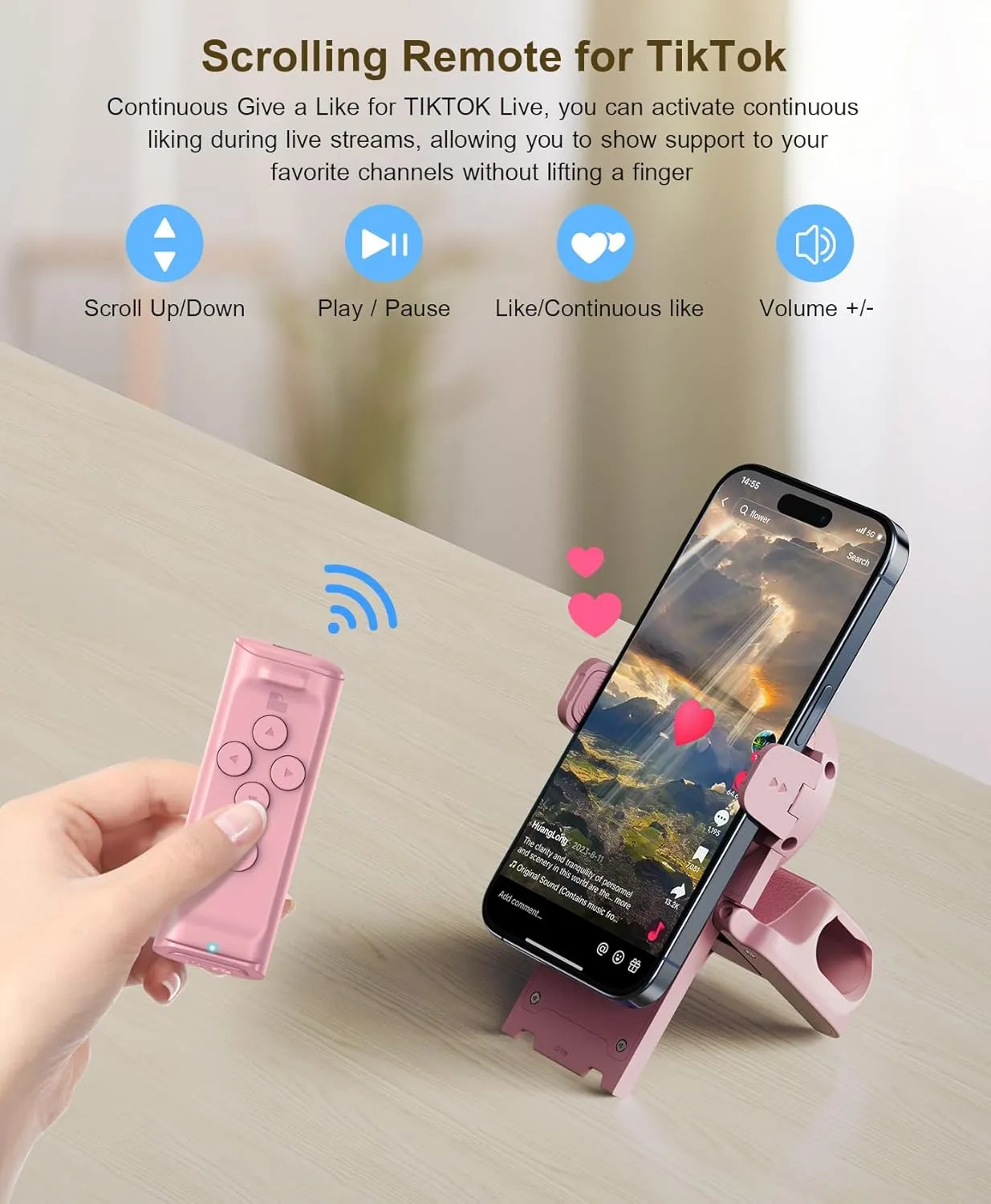 Remote Control Scrolling for TikTok with Phone Stand, Page Turner for Kindle App, Camera Camcorder Remote Controls, Scrolling Remote for TikTok/iOS/Android/iPad/iPhone/Tablet-Pink