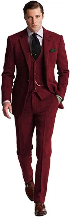 Retro Tweed Men's Suit 3 Piece Slim Fit Herringbone Suits Groom Tuxedos Set Wedding Prom Blazer Jacket Vest Pants for Men
