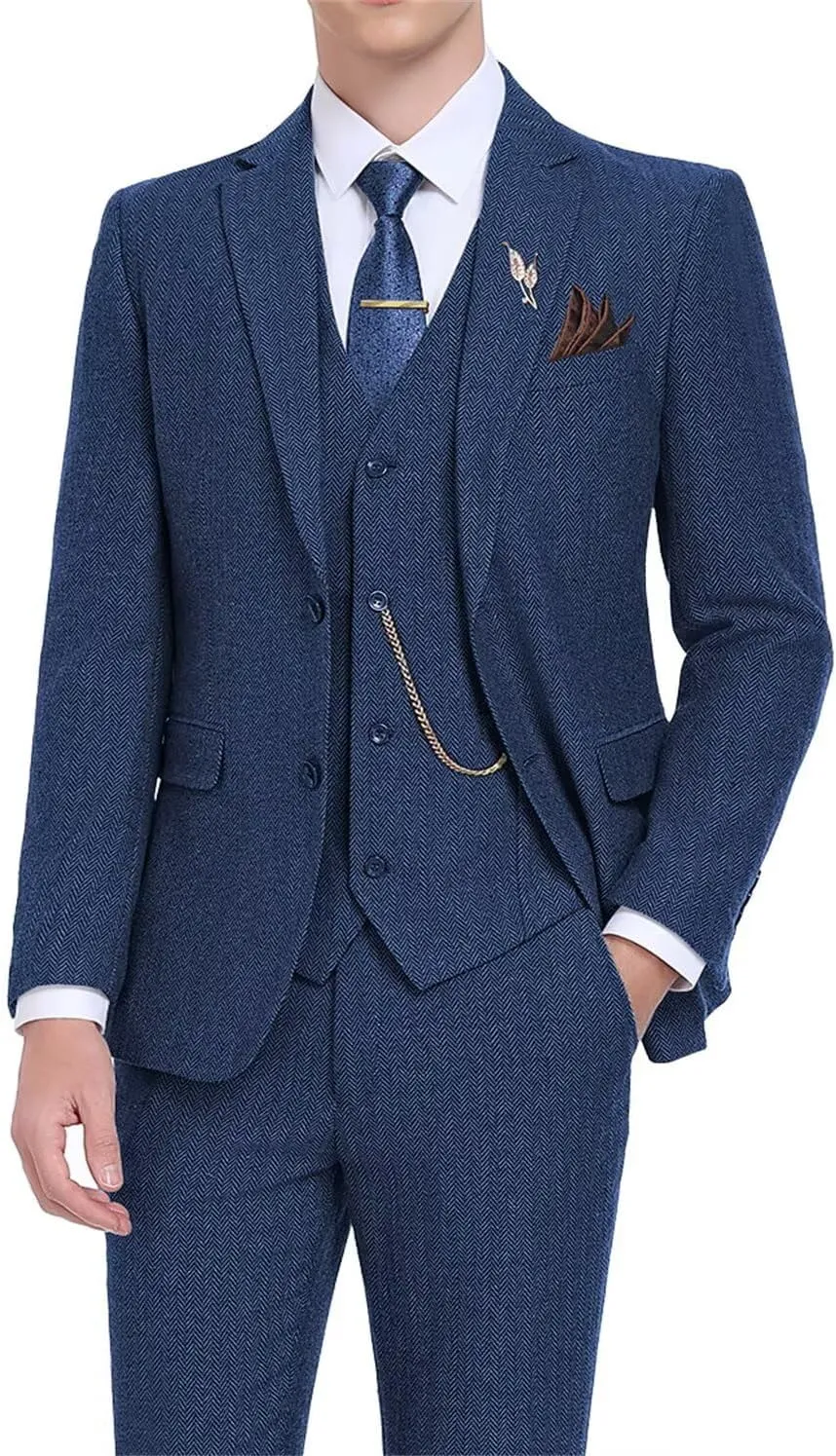 Retro Tweed Men's Suit 3 Piece Slim Fit Herringbone Suits Groom Tuxedos Set Wedding Prom Blazer Jacket Vest Pants for Men
