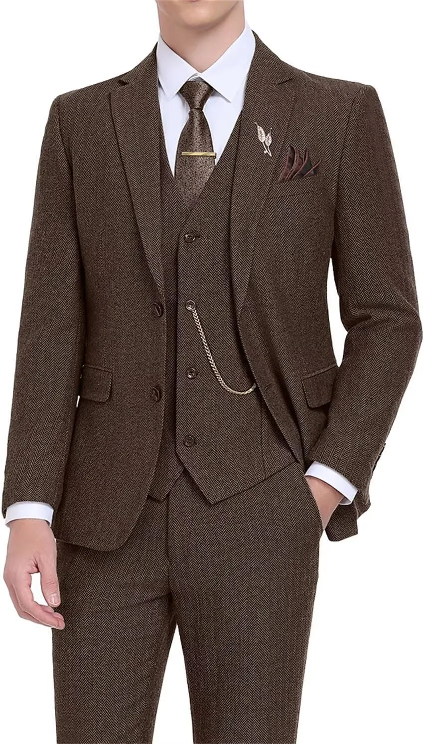 Retro Tweed Men's Suit 3 Piece Slim Fit Herringbone Suits Groom Tuxedos Set Wedding Prom Blazer Jacket Vest Pants for Men