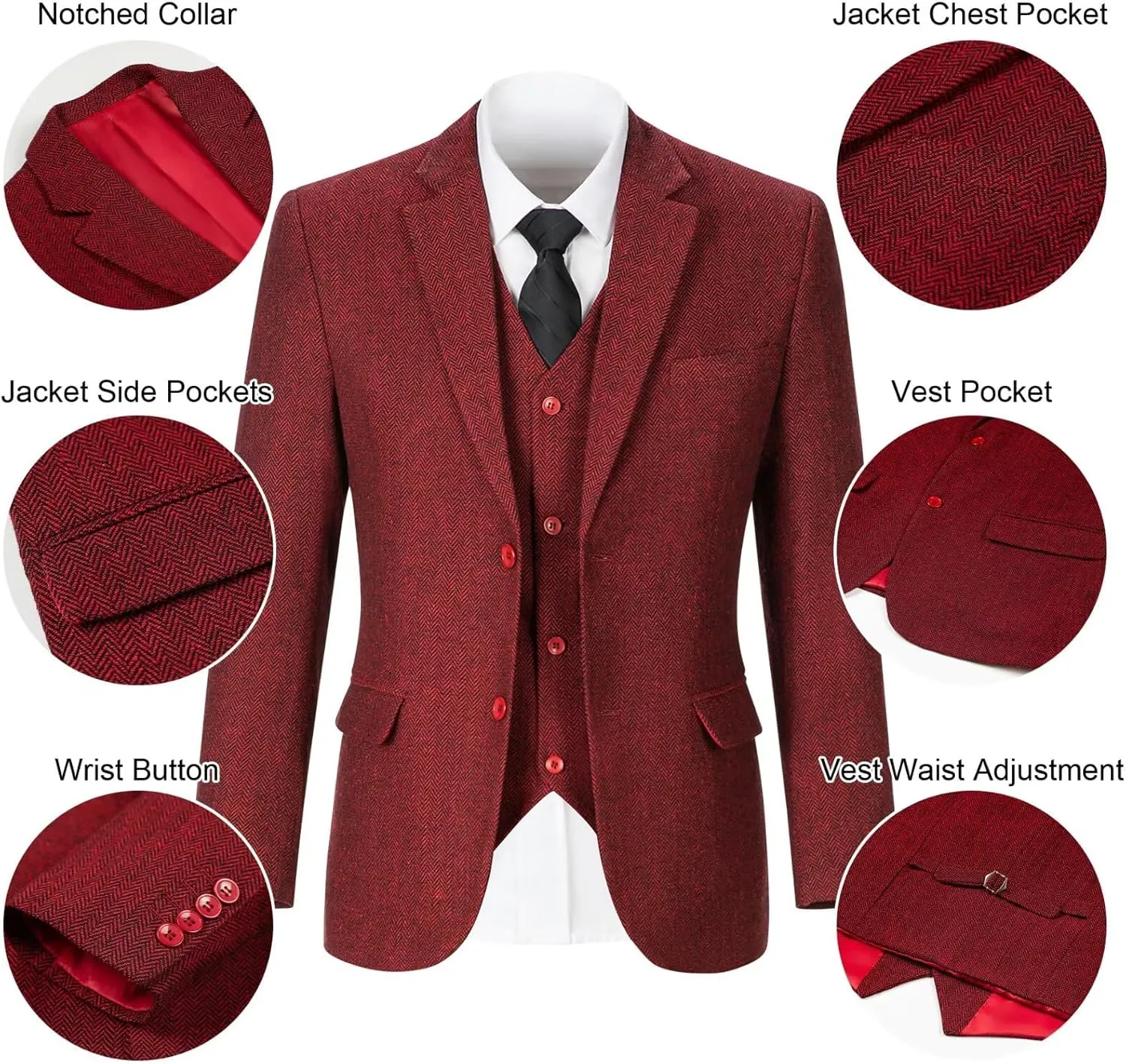 Retro Tweed Men's Suit 3 Piece Slim Fit Herringbone Suits Groom Tuxedos Set Wedding Prom Blazer Jacket Vest Pants for Men