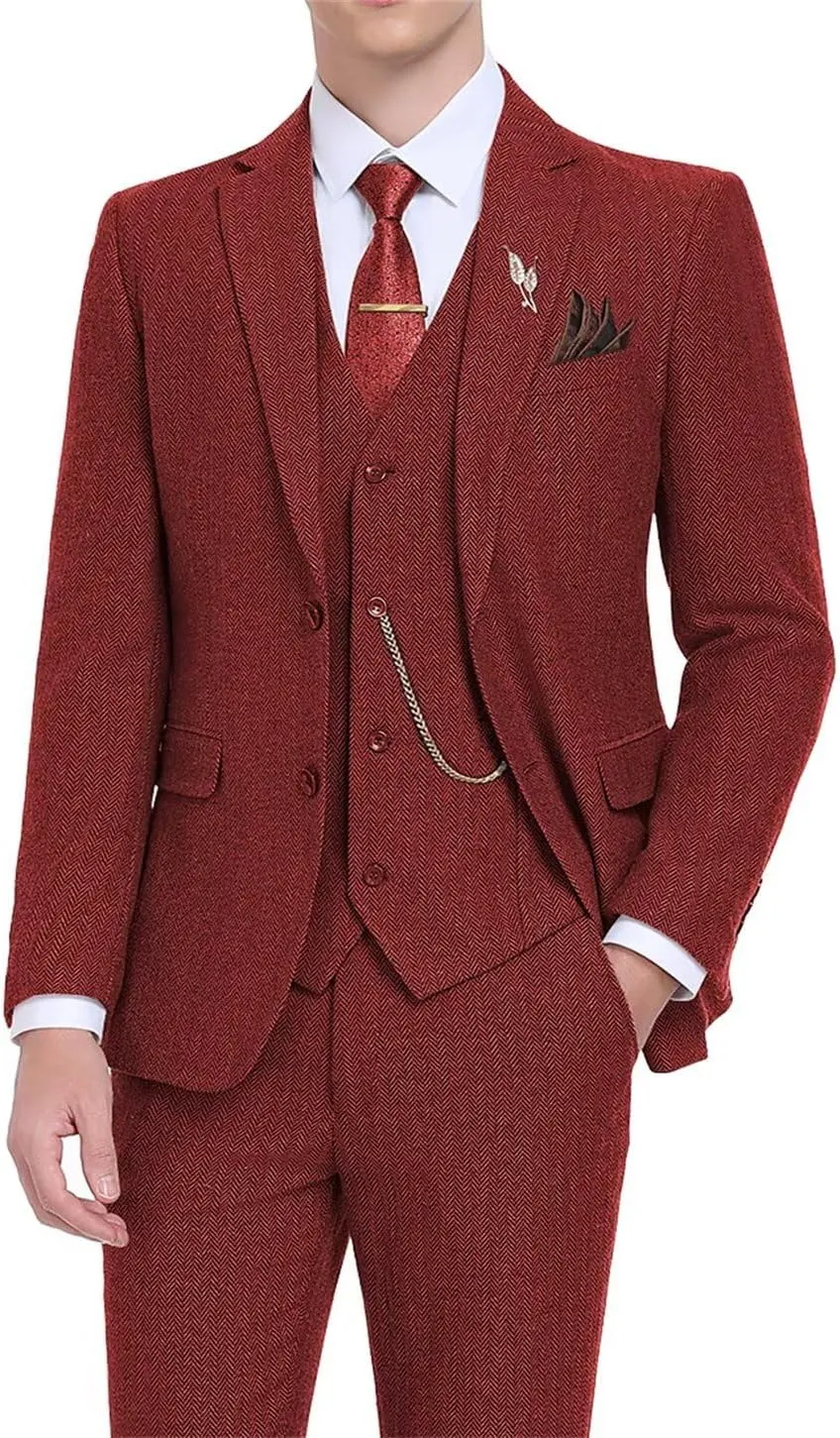 Retro Tweed Men's Suit 3 Piece Slim Fit Herringbone Suits Groom Tuxedos Set Wedding Prom Blazer Jacket Vest Pants for Men