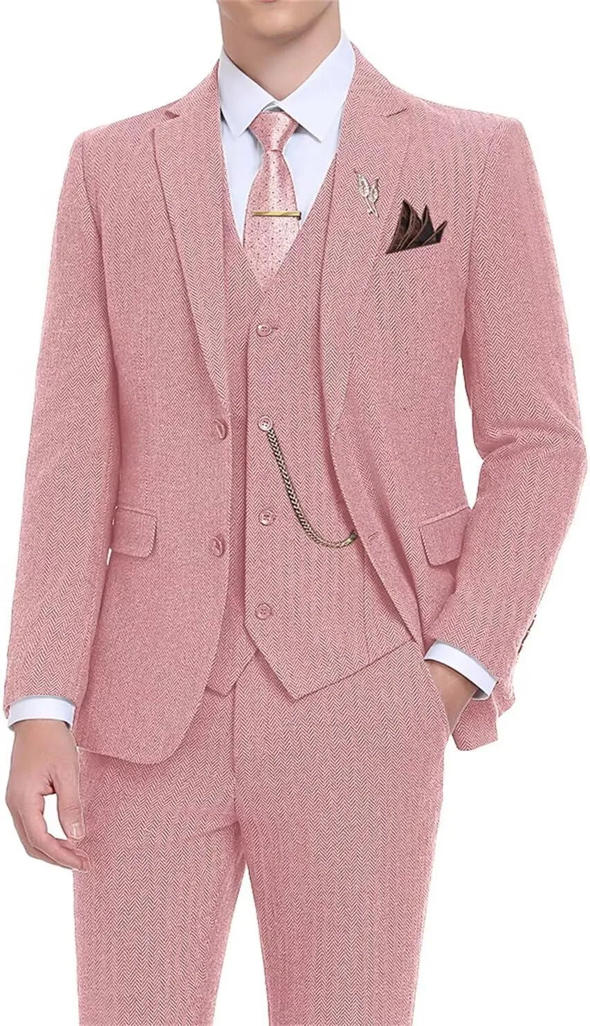 Retro Tweed Men's Suit 3 Piece Slim Fit Herringbone Suits Groom Tuxedos Set Wedding Prom Blazer Jacket Vest Pants for Men