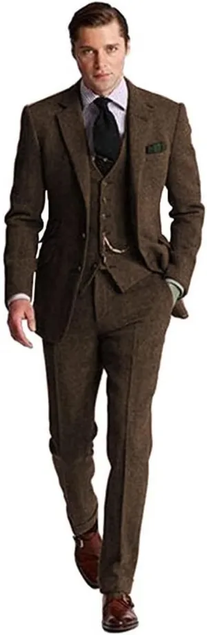 Retro Tweed Men's Suit 3 Piece Slim Fit Herringbone Suits Groom Tuxedos Set Wedding Prom Blazer Jacket Vest Pants for Men