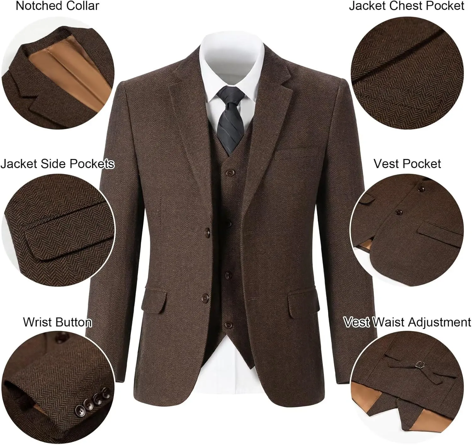 Retro Tweed Men's Suit 3 Piece Slim Fit Herringbone Suits Groom Tuxedos Set Wedding Prom Blazer Jacket Vest Pants for Men