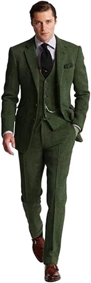 Retro Tweed Men's Suit 3 Piece Slim Fit Herringbone Suits Groom Tuxedos Set Wedding Prom Blazer Jacket Vest Pants for Men