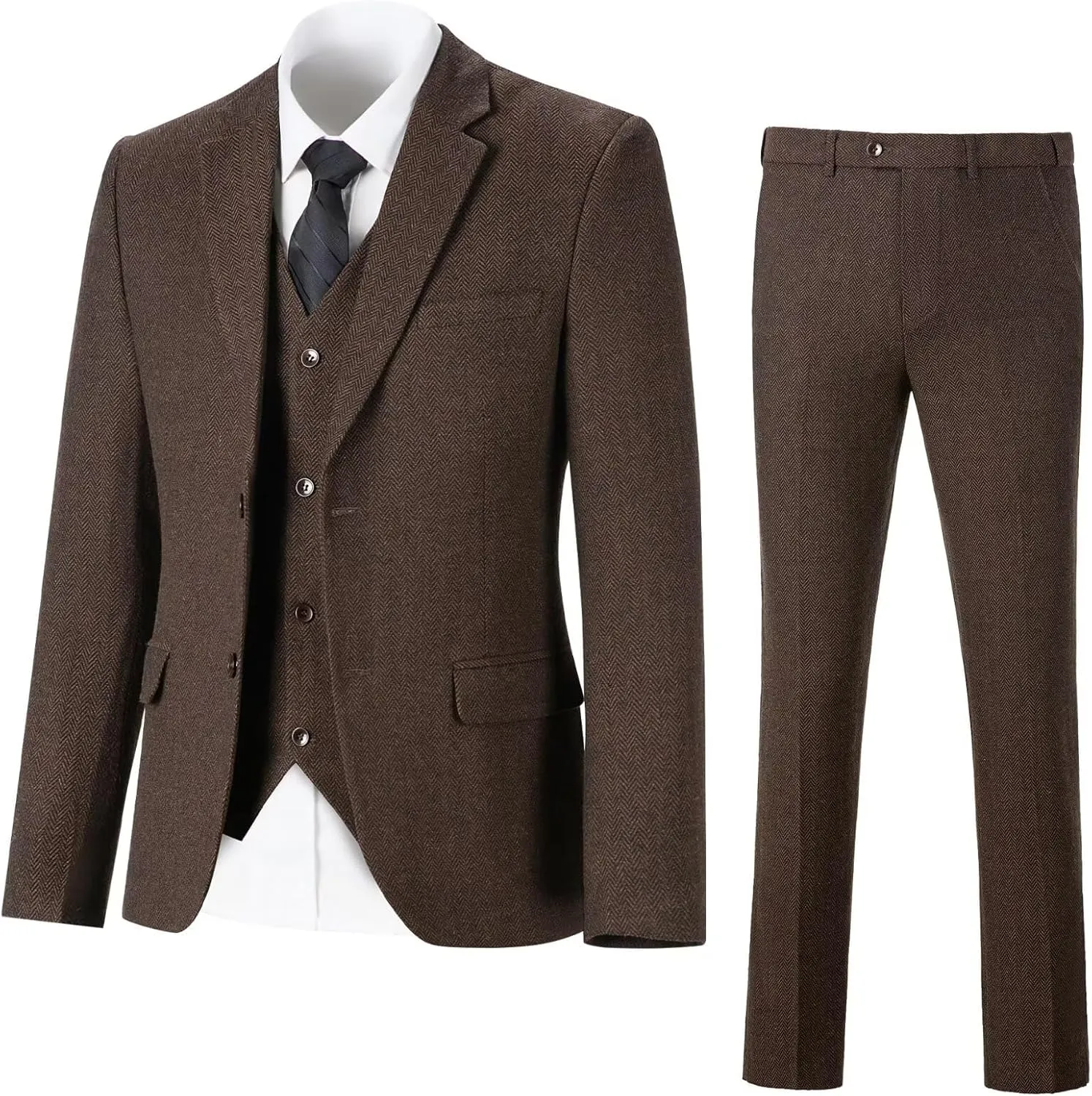 Retro Tweed Men's Suit 3 Piece Slim Fit Herringbone Suits Groom Tuxedos Set Wedding Prom Blazer Jacket Vest Pants for Men