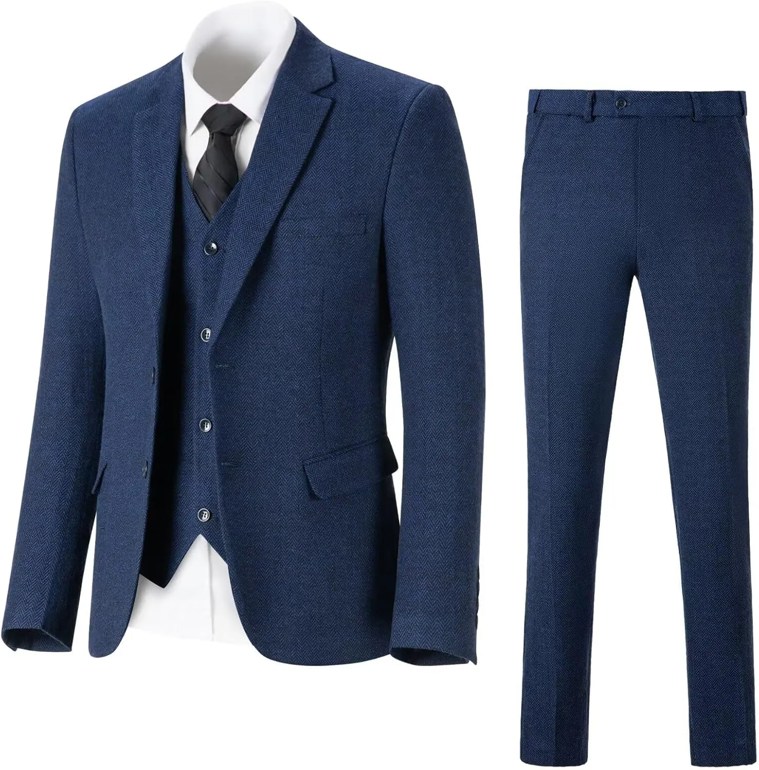 Retro Tweed Men's Suit 3 Piece Slim Fit Herringbone Suits Groom Tuxedos Set Wedding Prom Blazer Jacket Vest Pants for Men