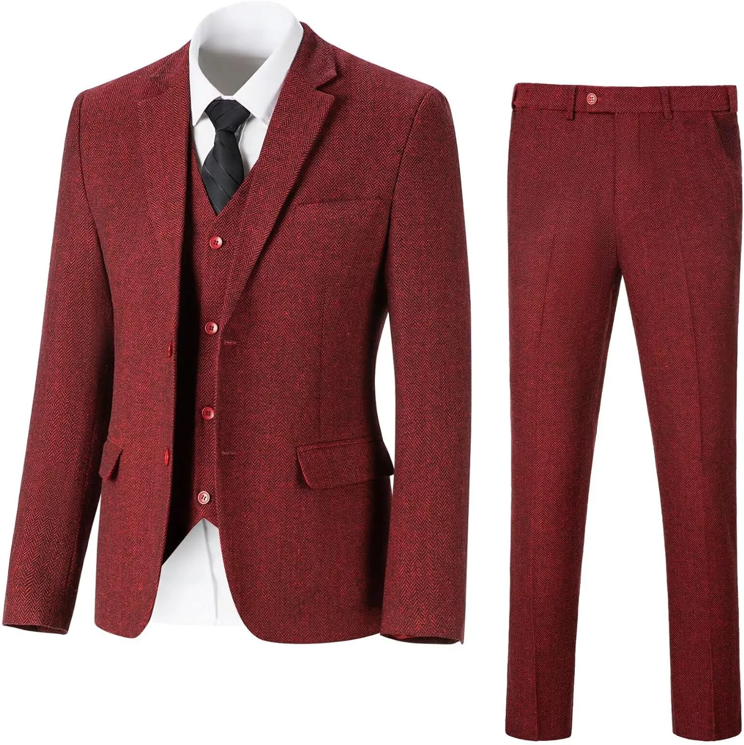 Retro Tweed Men's Suit 3 Piece Slim Fit Herringbone Suits Groom Tuxedos Set Wedding Prom Blazer Jacket Vest Pants for Men