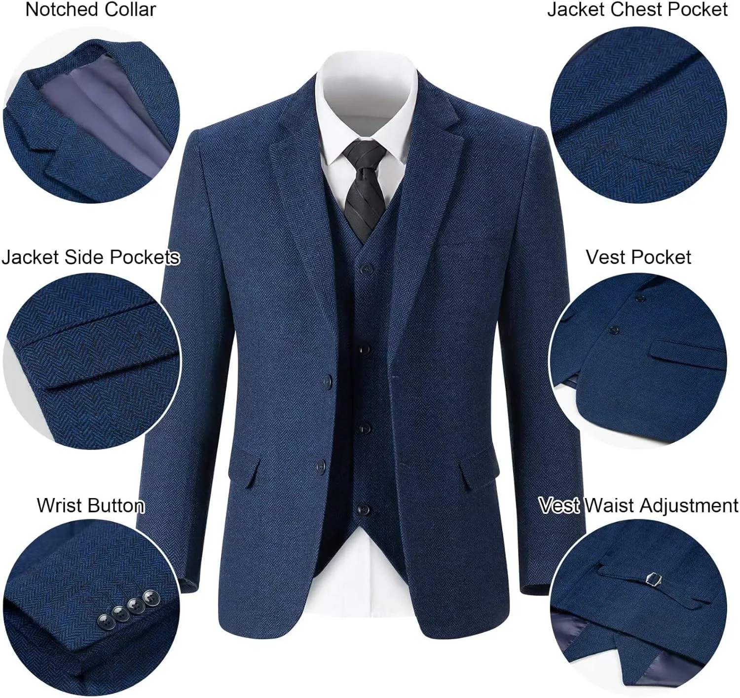 Retro Tweed Men's Suit 3 Piece Slim Fit Herringbone Suits Groom Tuxedos Set Wedding Prom Blazer Jacket Vest Pants for Men