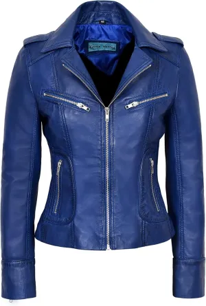 Rider Ladies Blue Washed Biker Motorcycle Style Soft Real Napa Leather Jacket 9823