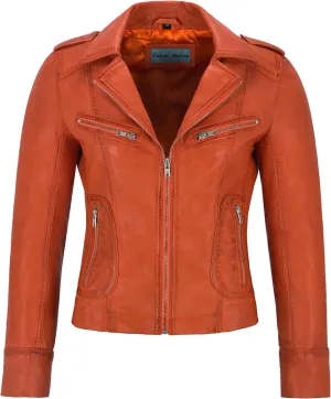 Rider Ladies Leather Jacket Orange Biker Motorcycle Style Soft Real Napa 9823