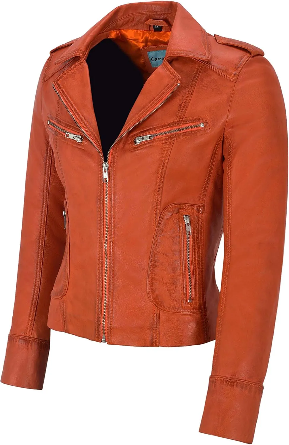 Rider Ladies Leather Jacket Orange Biker Motorcycle Style Soft Real Napa 9823